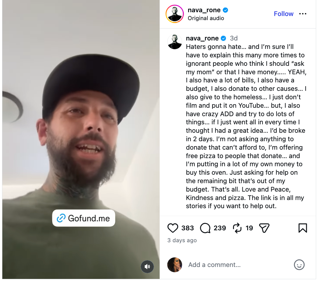 Mann med skjegg i en kort video appellerer om økonomisk hjelp på grunn av personlige og veldedige utfordringer, lenker til en GoFundMe-side