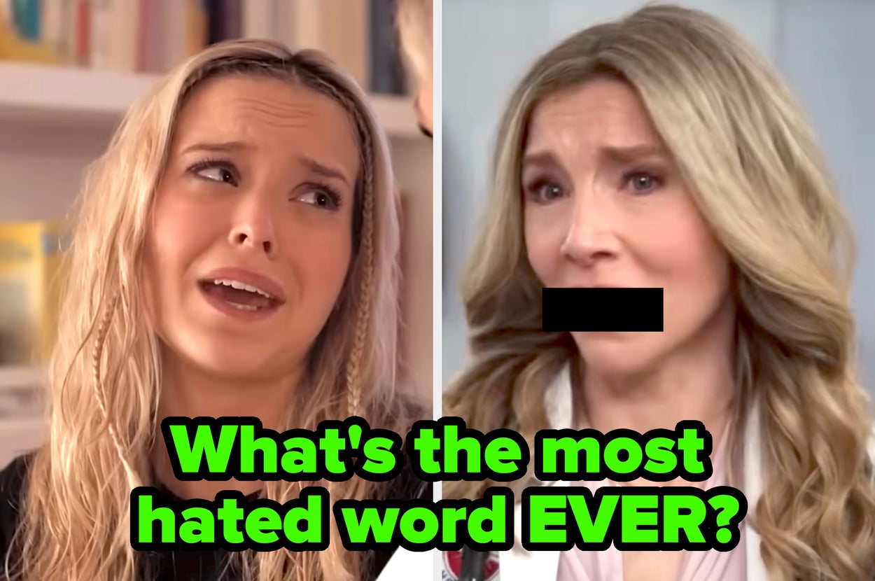 Two women talking. The text asks, "What's the most hated word EVER?" One woman's mouth is pixelated, implying the word is offensive