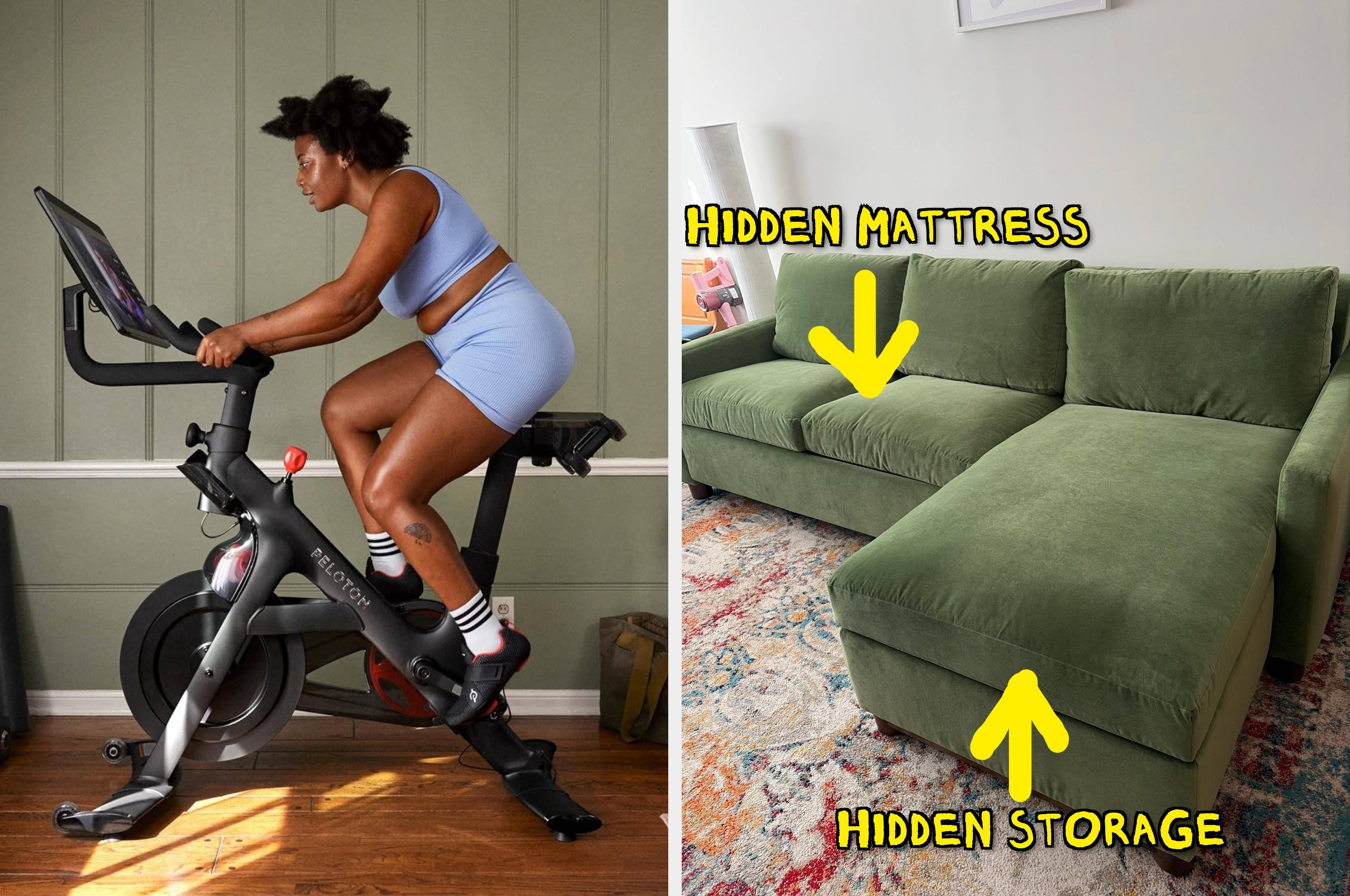 Left: Person exercising on a stationary bike indoors. Right: Green sofa with labels indicating hidden mattress and storage features