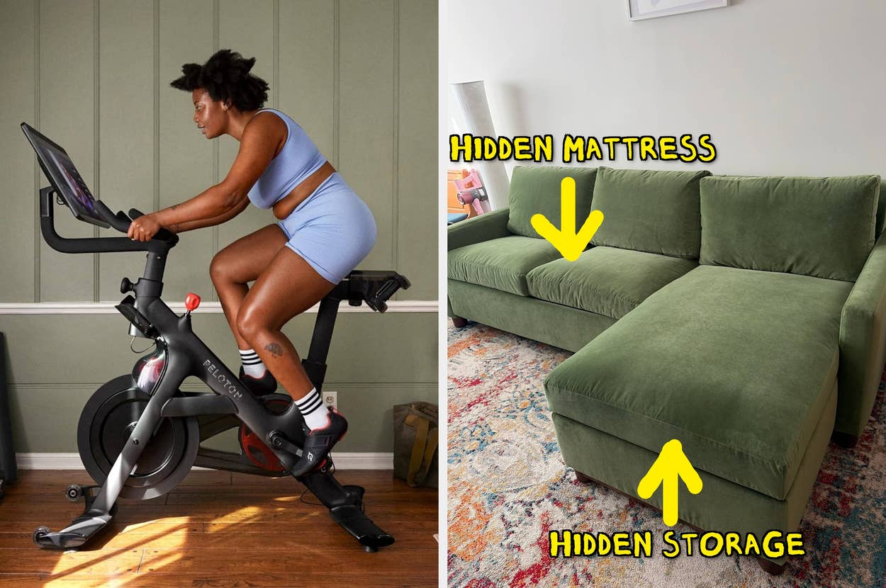 Left: Person exercising on a stationary bike indoors. Right: Green sofa with labels indicating hidden mattress and storage features