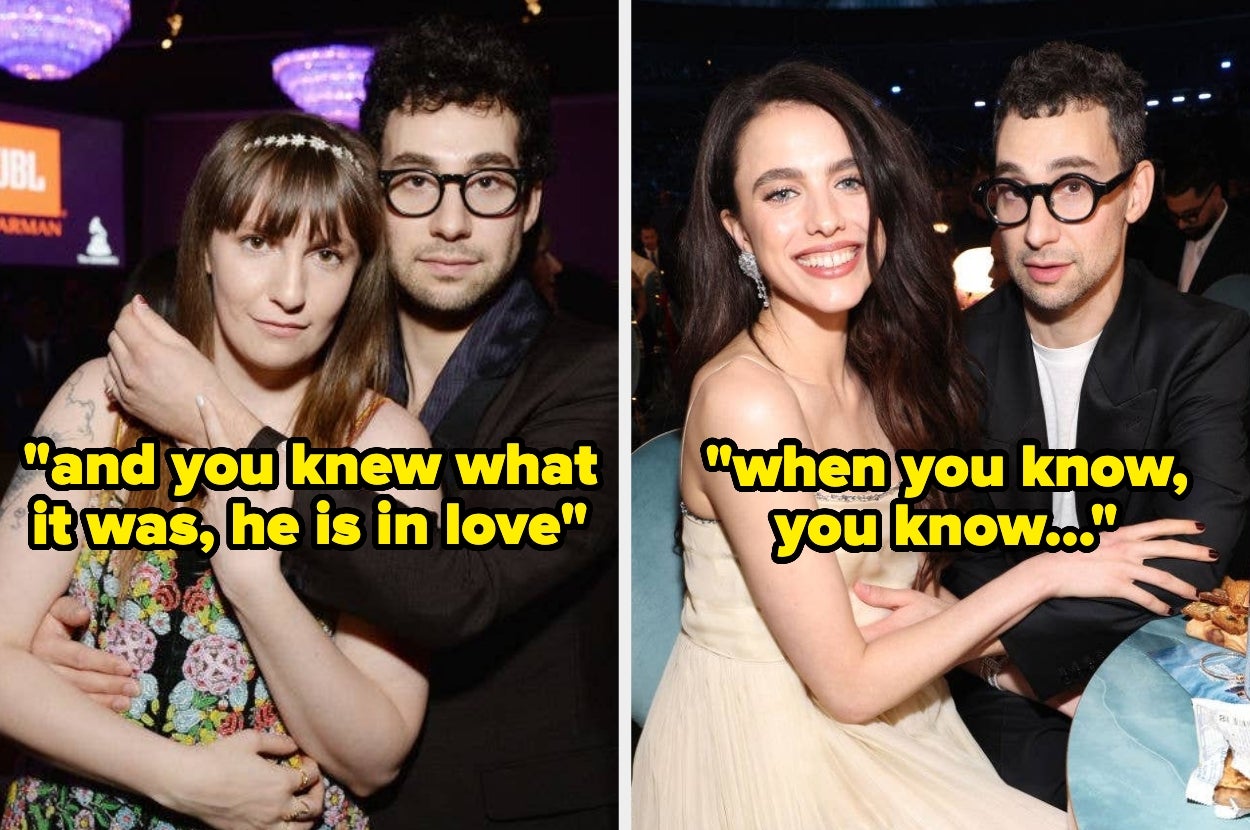 Jack Antonoff and Lena Dunham, text, "and you knew what it was, he is in love." Jack Antonoff and Margaret Qualley, text, "when you know, you know"
