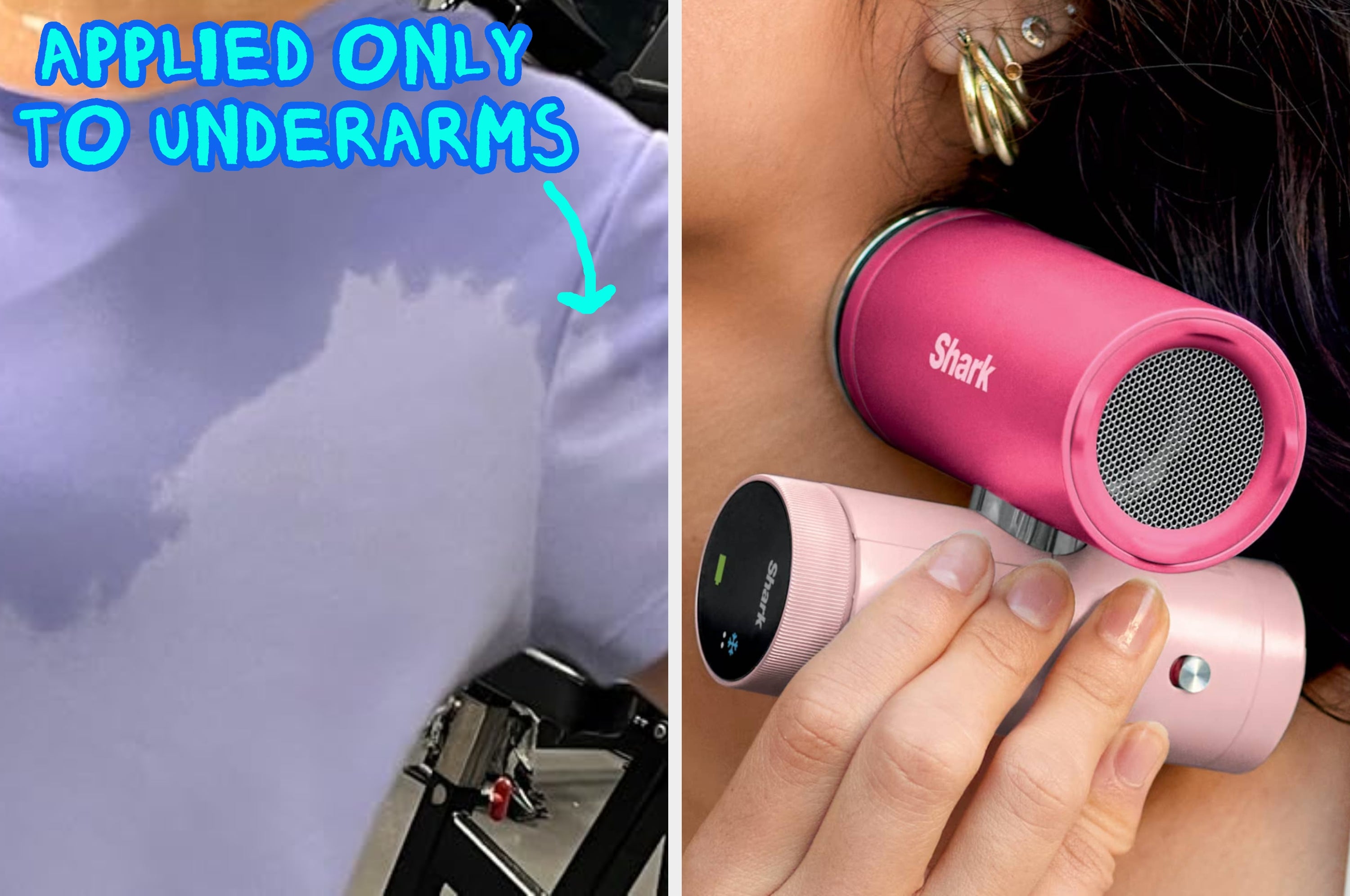 Person using anti-sweat underarm product on a sweaty shirt; next to image of someone using pink Shark handheld fan on their neck
