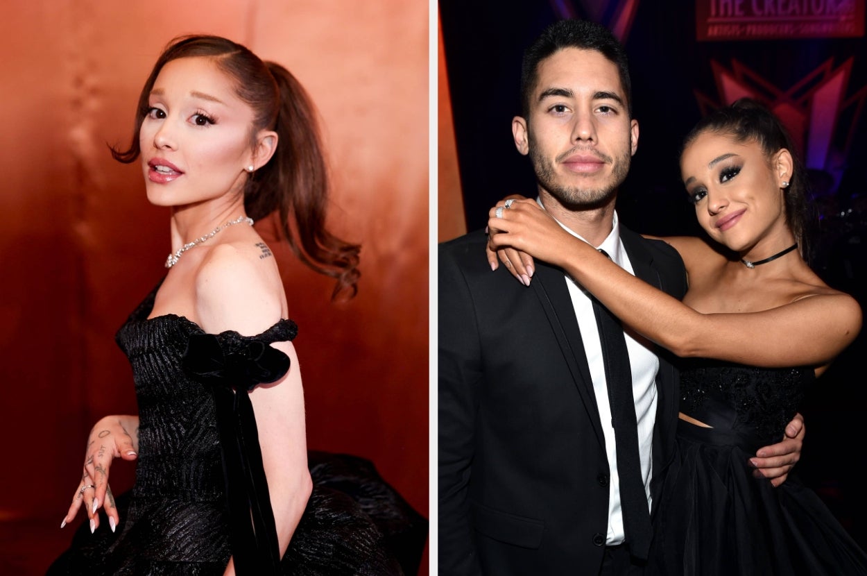 Two images: Left, a person in an elegant off-shoulder gown. Right, the same person with a man in a suit, her arm around his shoulders