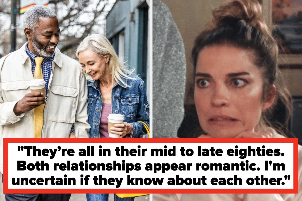 Two images: Left shows a smiling older couple walking with coffee. Right shows a person with a shocked expression. Text about relationships in their eighties
