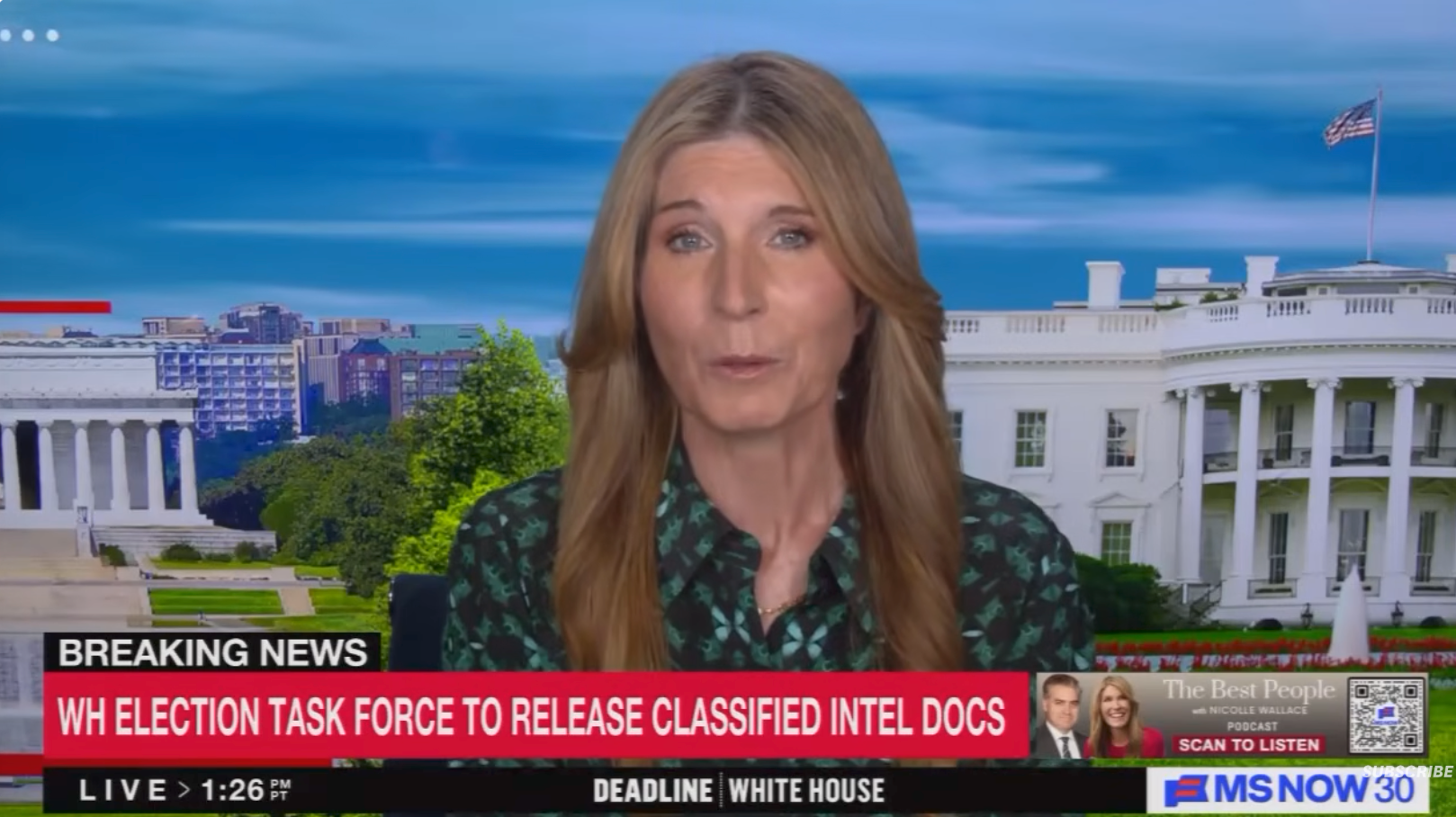 News anchor reports breaking news about WH election task force releasing classified documents. White House visible in background