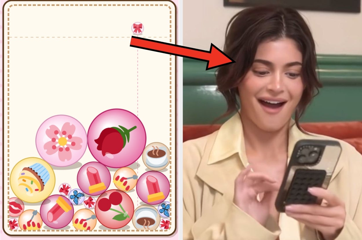 A person with an excited expression looks at their phone. Next to them is a stack of bubble-filled circles featuring various game icons