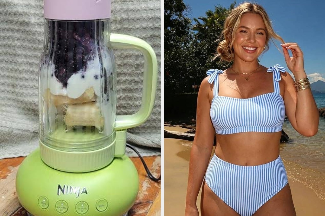 Portable blender with ingredients next to a smiling person on a beach, wearing a blue and white striped bikini