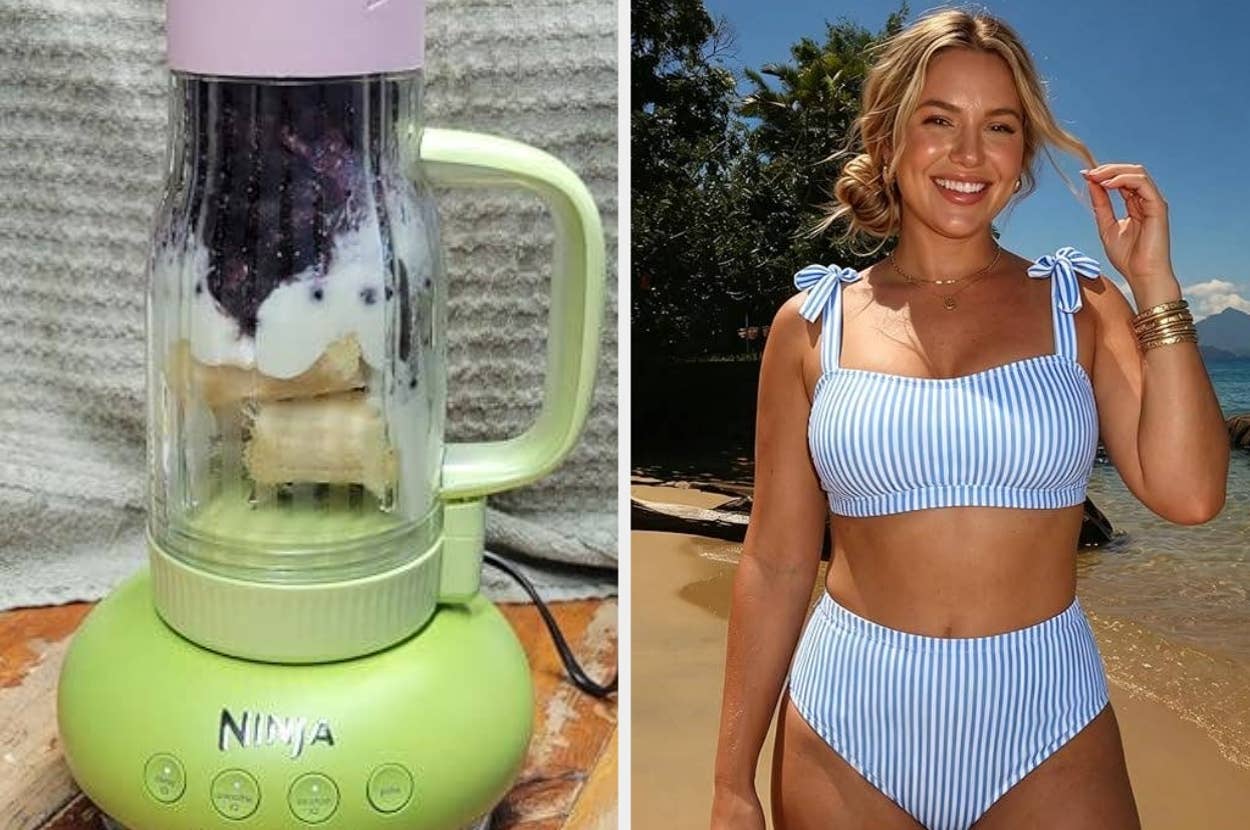 Portable blender with ingredients next to a smiling person on a beach, wearing a blue and white striped bikini