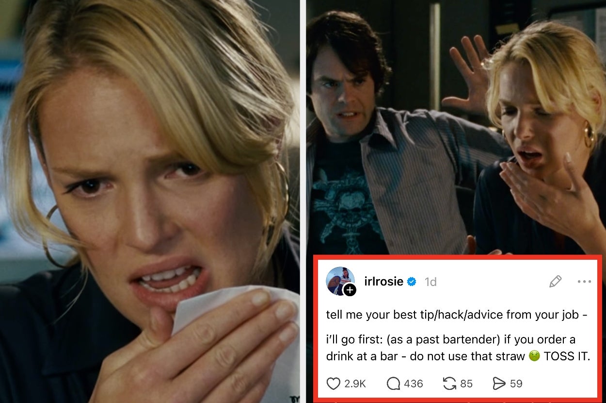 A person looks concerned while holding a tissue. A tweet says: "Best job tip/advice. As a past bartender, don't use the straw at a bar. Toss it."