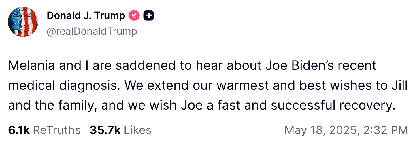 A tweet from Donald J. Trump expressing well wishes for Joe Biden's recovery following a medical diagnosis