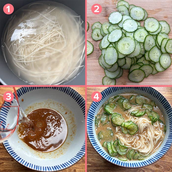 手順を説明する4枚の画像：1. ゆでた麺、2. 薄切りきゅうり、3. たれに水を加える、4. 麺と具材を混ぜた料理。