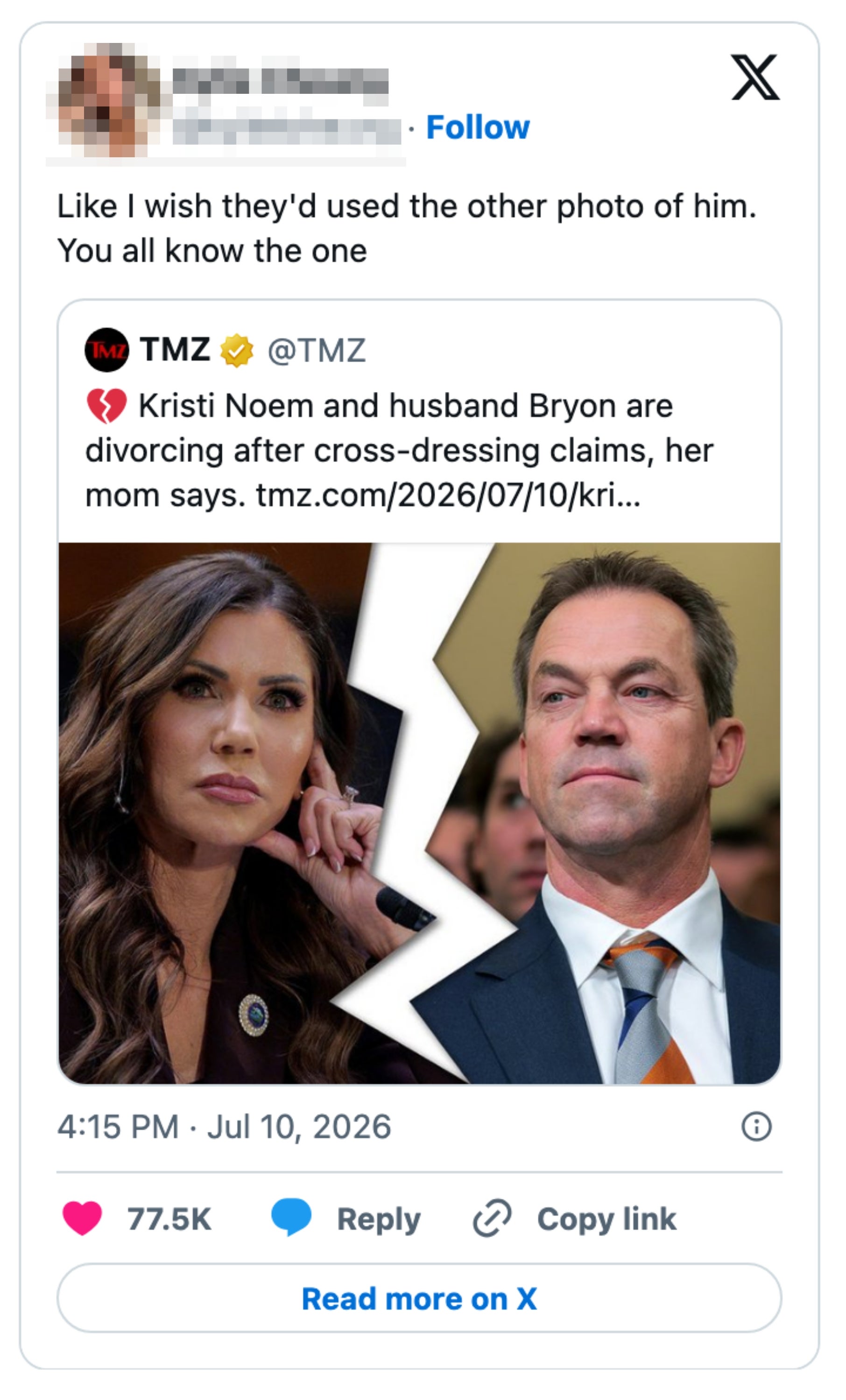 Innlegg av en tweet fra TMZ om Kristi Noems skilsmisse etter tvingende påstander, med kommentarer fra Kylie Cheung