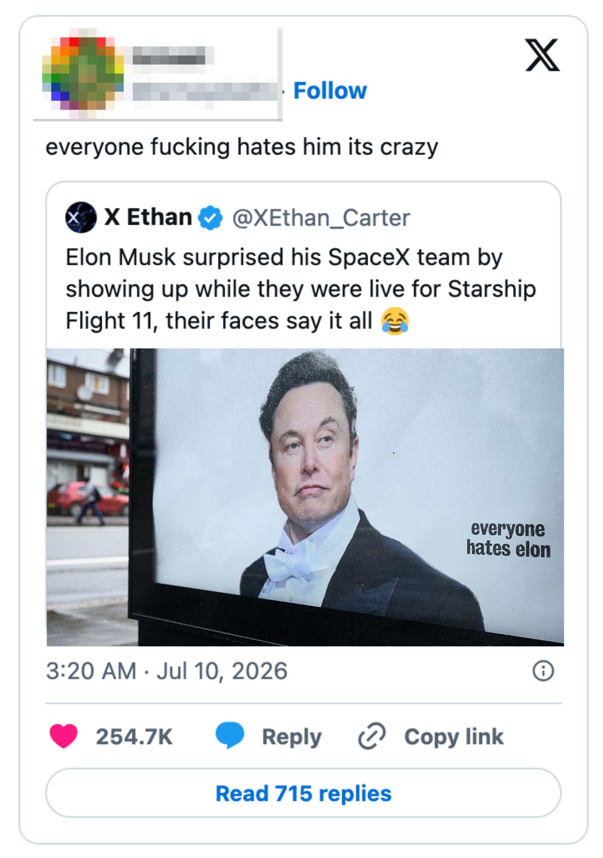 Tweet som viser en persons innlegg om Elon Musk som overrasket SpaceX-teamet hans for Starship Flight 11. Reaksjon indikerer spenning
