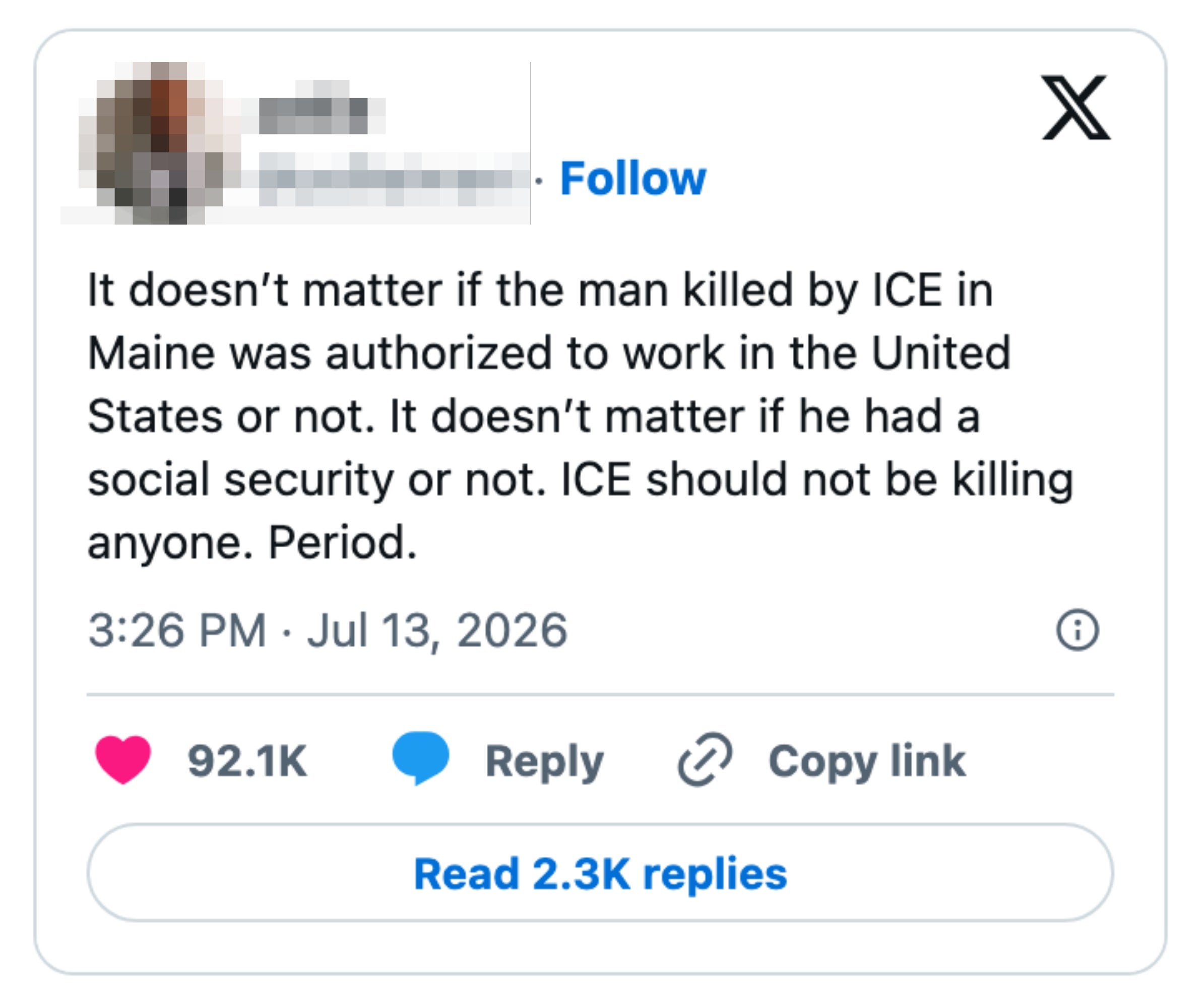 Tweet som kritiserer ICE for å ha drept en mann i Maine, uavhengig av arbeidstillatelse eller sosial trygghetsstatus