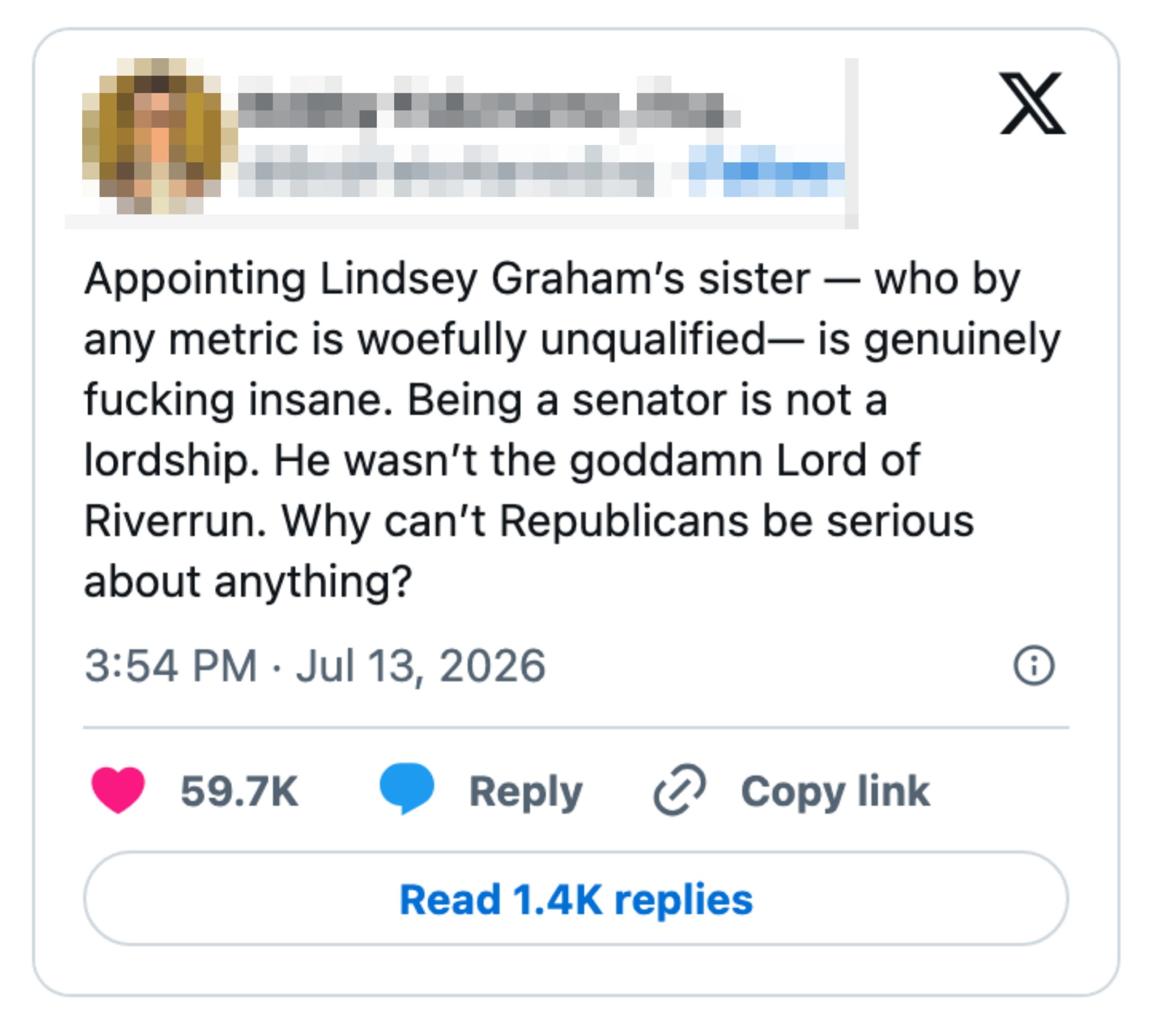 Tweet som kritiserer utnevnelsen av Lindsey Grahams søster til senator, og stiller spørsmål ved republikansk alvor