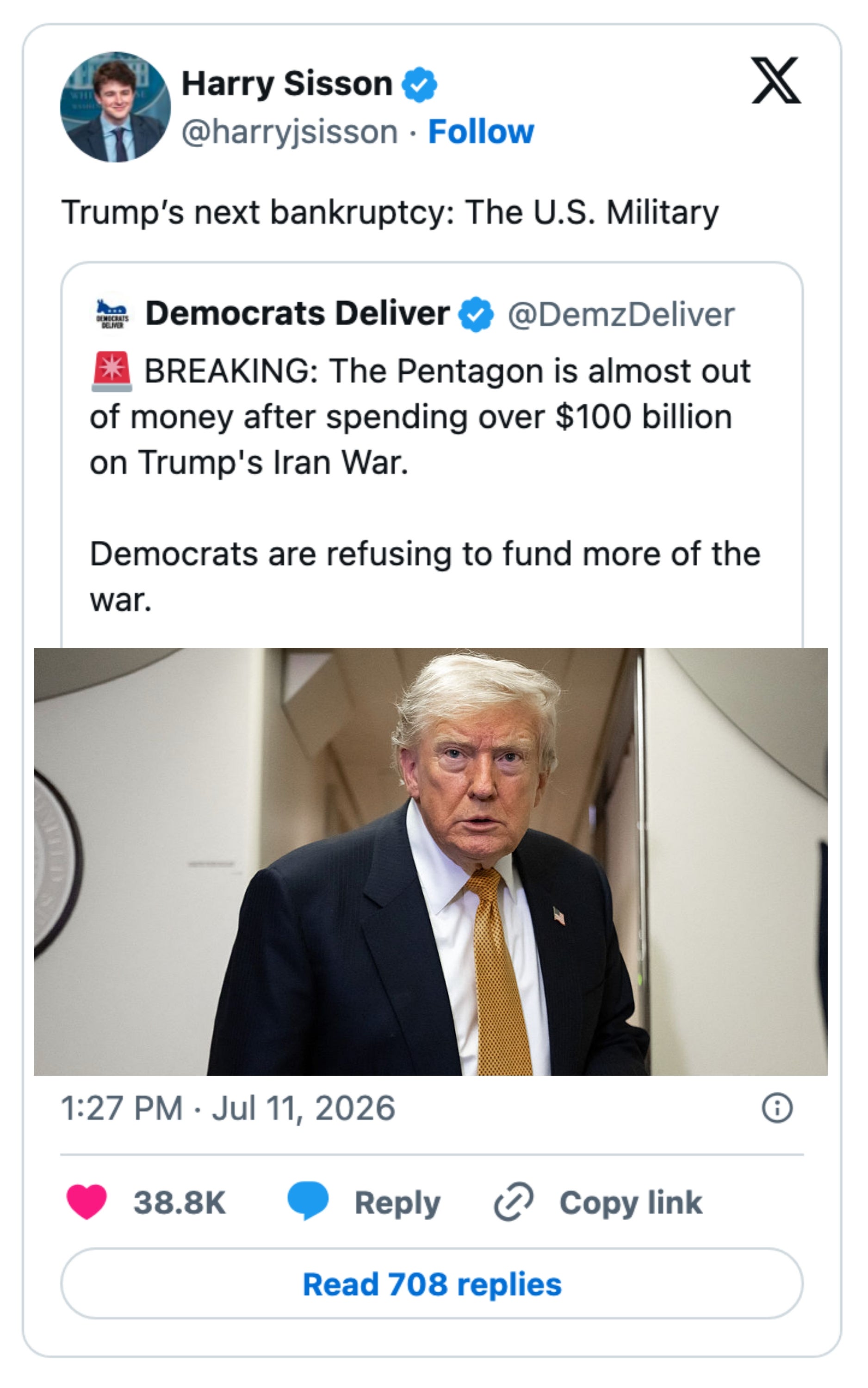 Tweet om Pentagon-overforbruk på Trumps Iran-krig med et nyhetsbilde av Trump og Pentagon. Demokratene nekter ytterligere krigsfinansiering