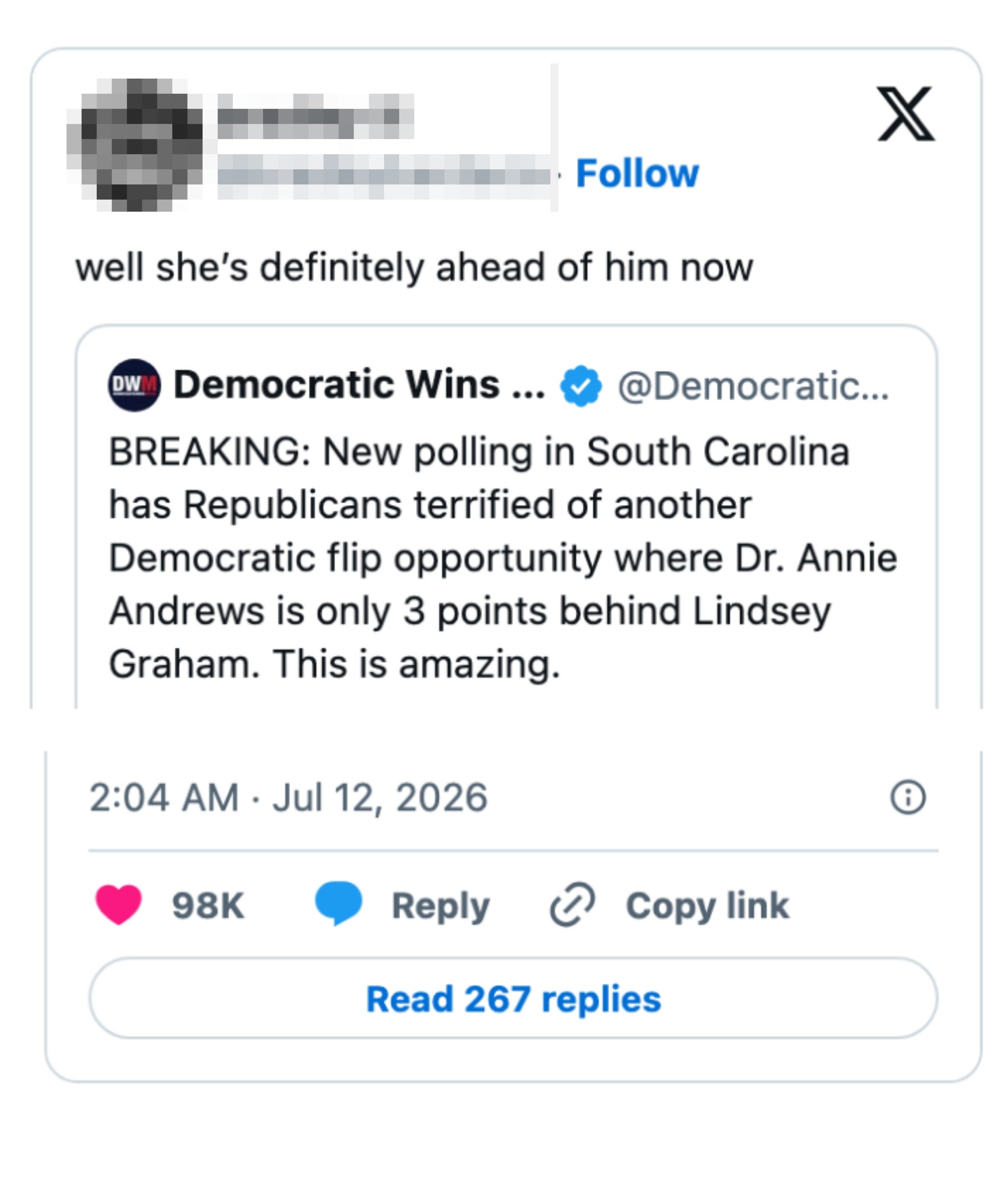 Tweet av bradley quotes Democratic Wins' innlegg: Demokratene kan snu SC når Dr. Annie Andrews nærmer seg Lindsey Graham i meningsmålingene