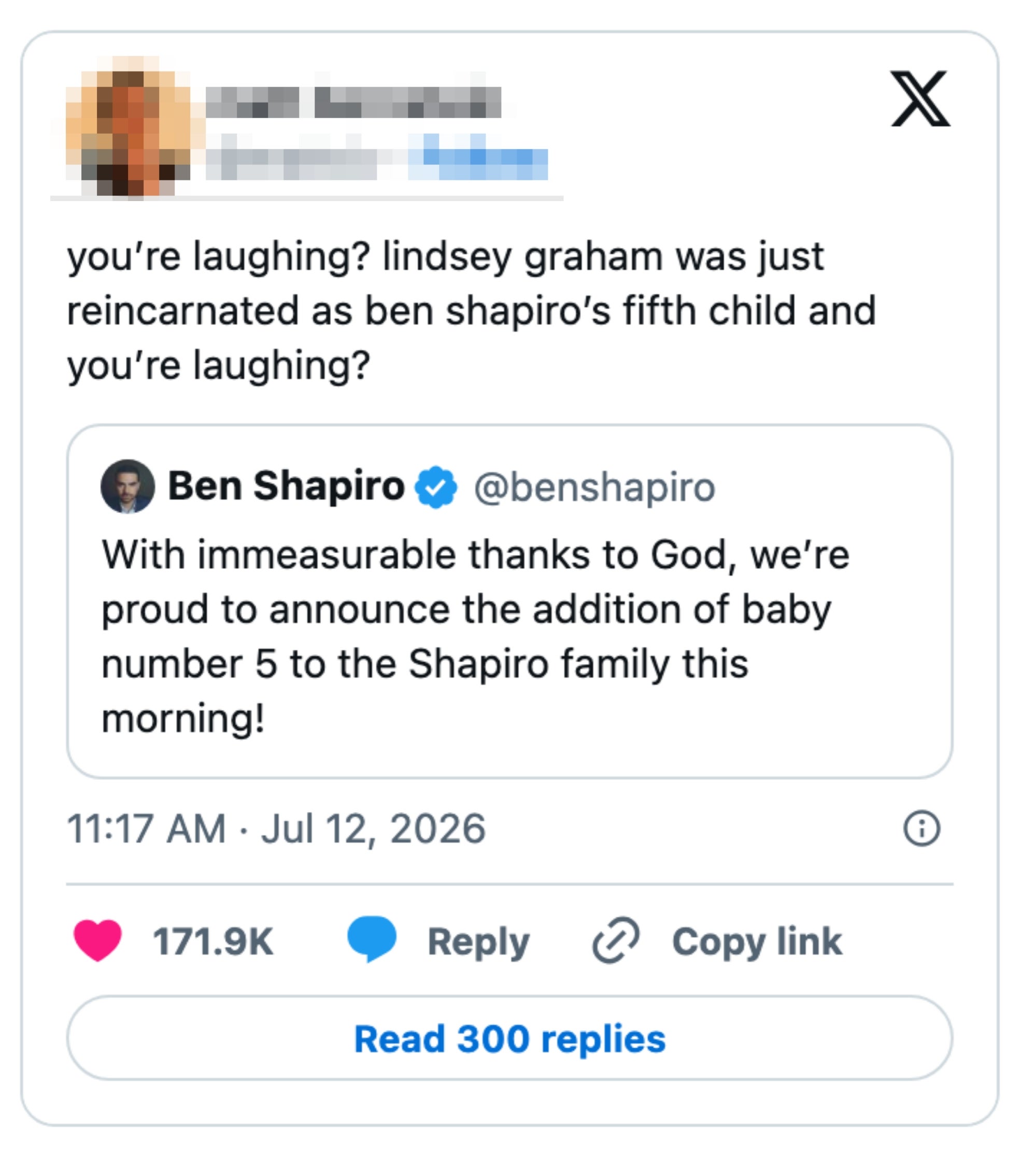 Sosiale medier legger ut vitser om at Lindsey Graham ble reinkarnert som Ben Shapiros femte barn, med henvisning til Shapiros forrige kunngjøring