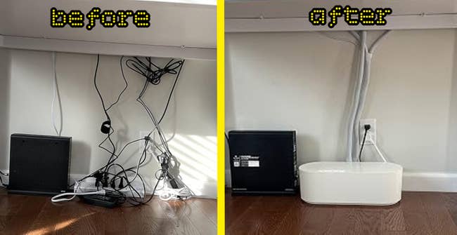 left, tangled cables nether a desk; right, neatly managed cables with a cover