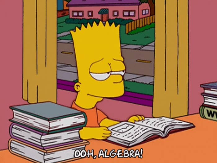 Bart Simpson looks bored portion    speechmaking  an algebra book, surrounded by stacks of textbooks by a window