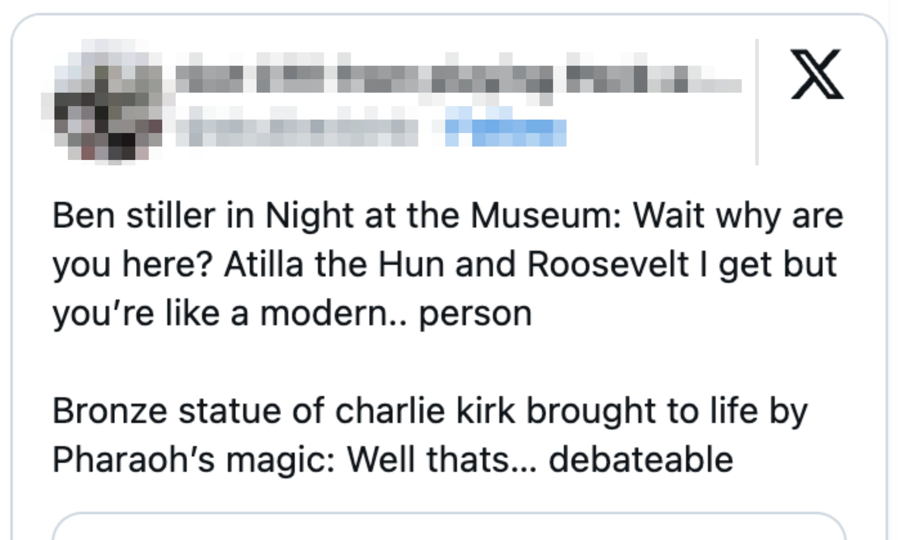 Tweet om en "Natt på museet" scene, som humoristisk beskriver en moderne statues reaksjon på å bli brakt til live