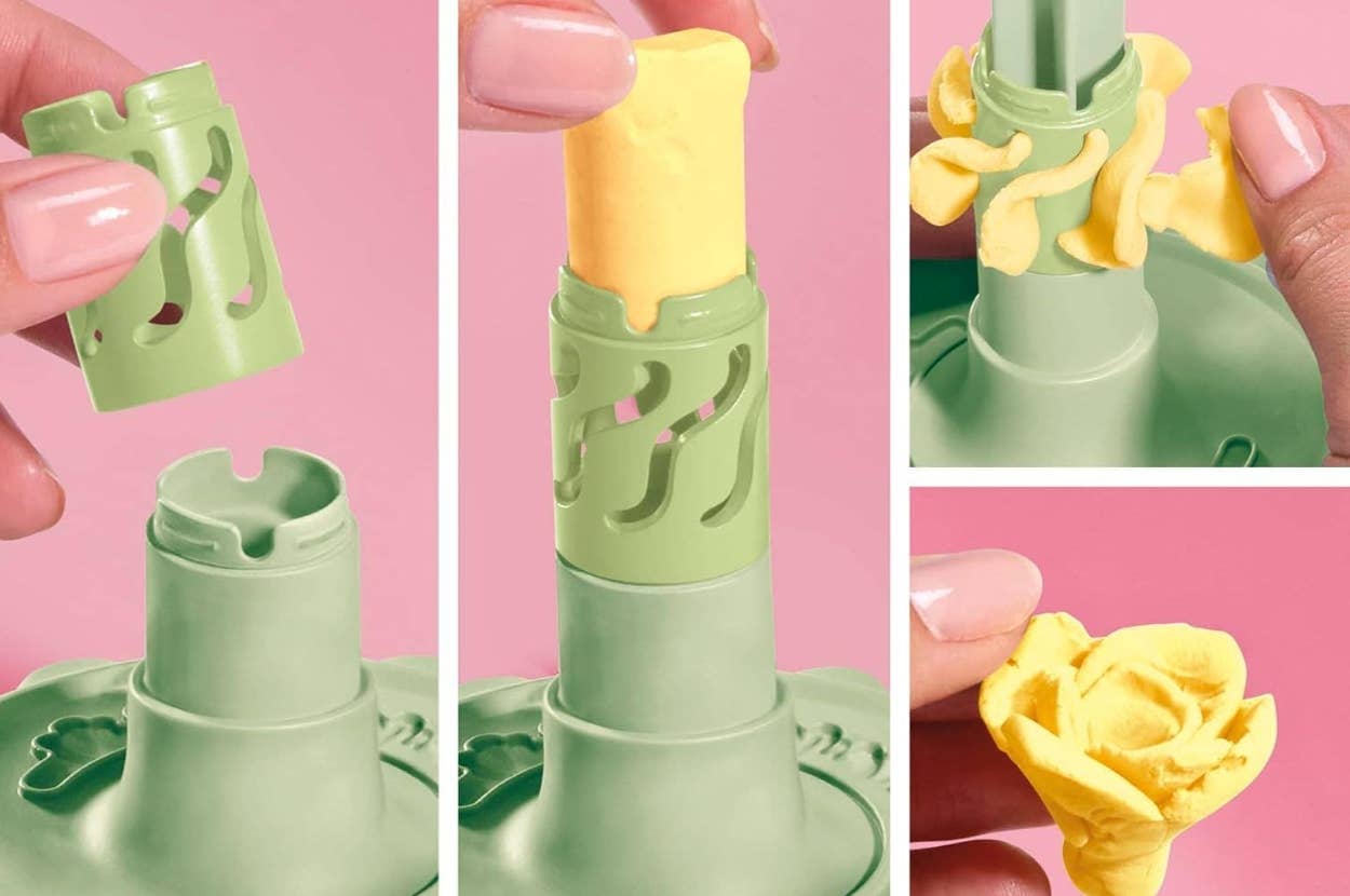 Hands demonstrate using a green kitchen tool to shape yellow dough into a flower. Perfect for creative baking or cake decoration