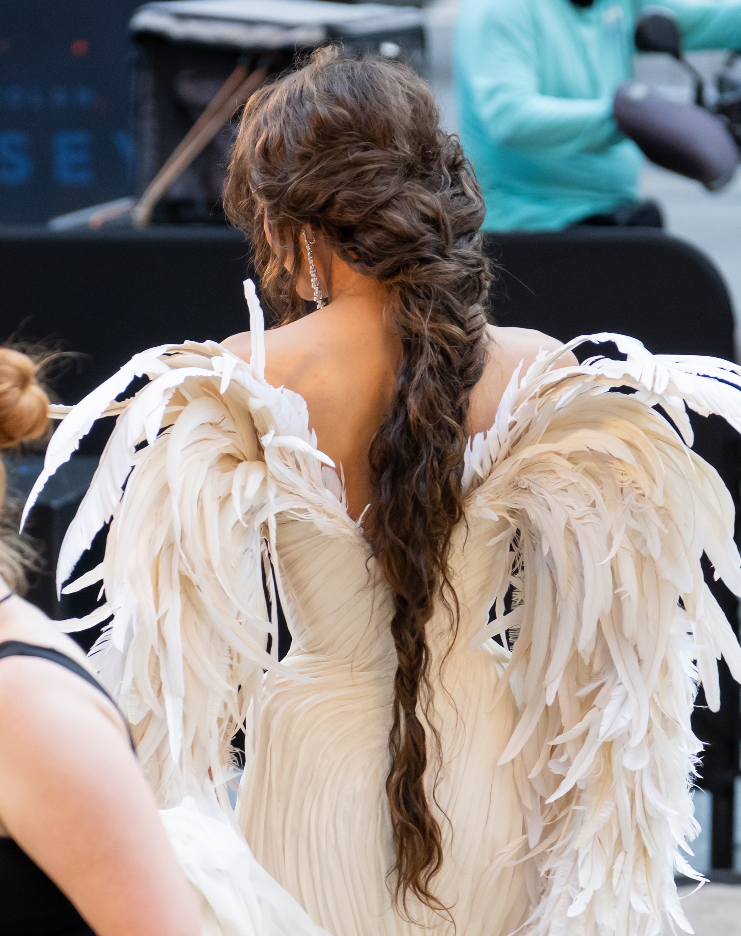 Person on red carpet in an elegant gown with feathered wings and a long, braided hairstyle, seen from the back