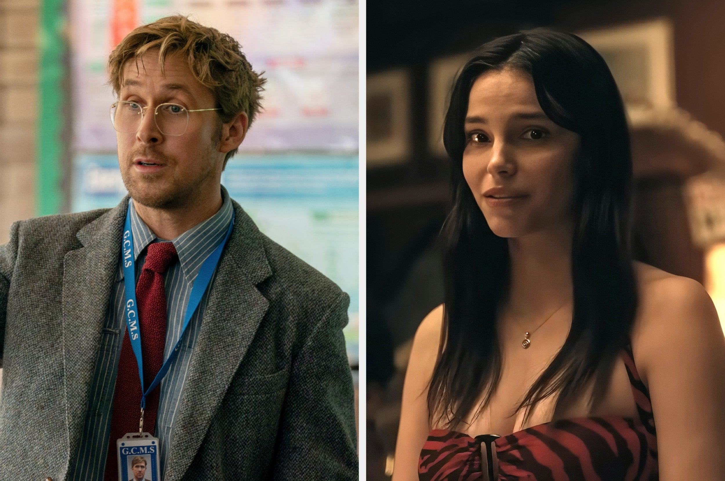 Two scenes from a TV show or movie: a man in a suit with a lanyard, and a woman in a strapless patterned dress indoors
