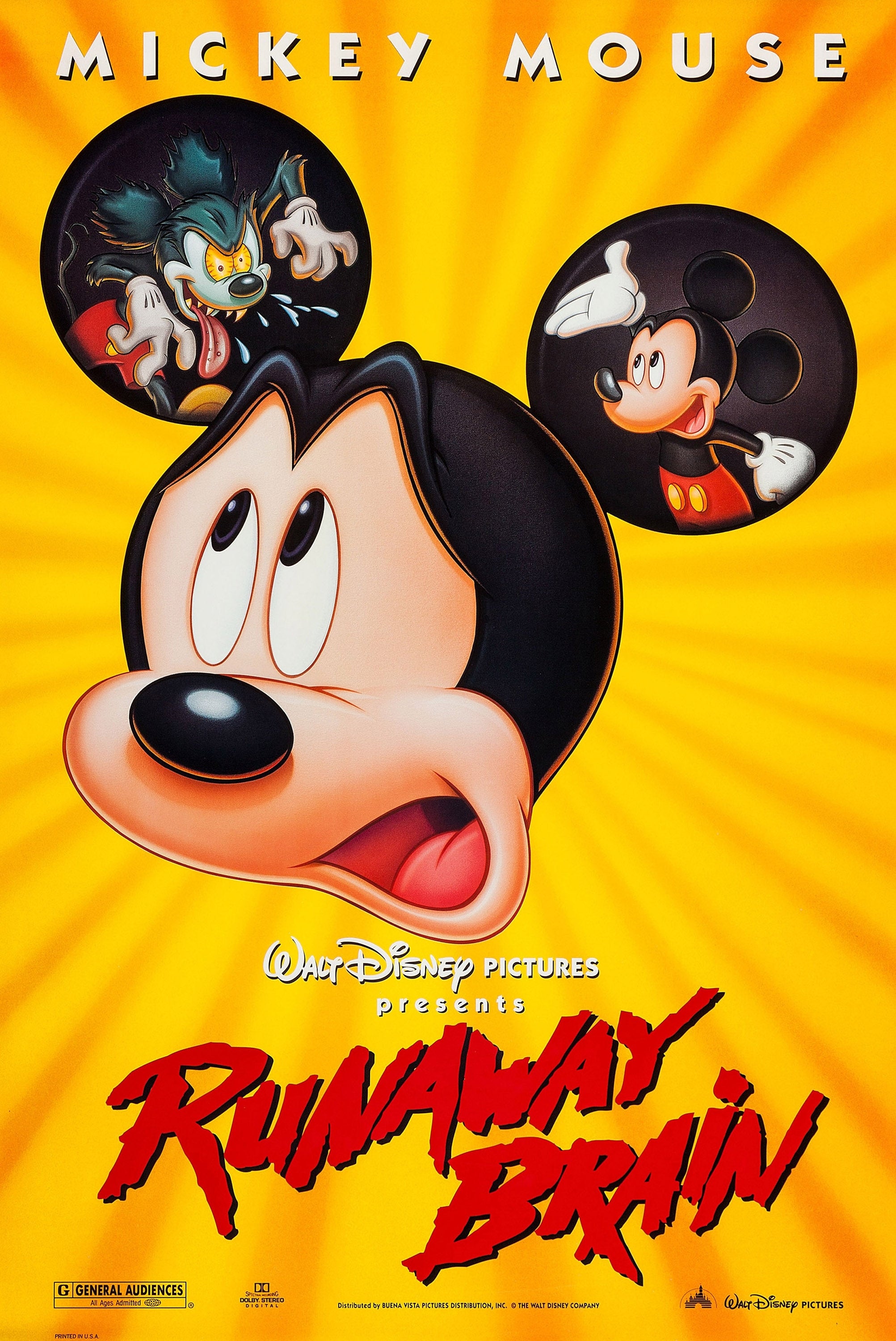 Poster for "Runaway Brain" featuring Mickey Mouse with shocked expression, two smaller images of Mickey and a villain, and bold title at the bottom