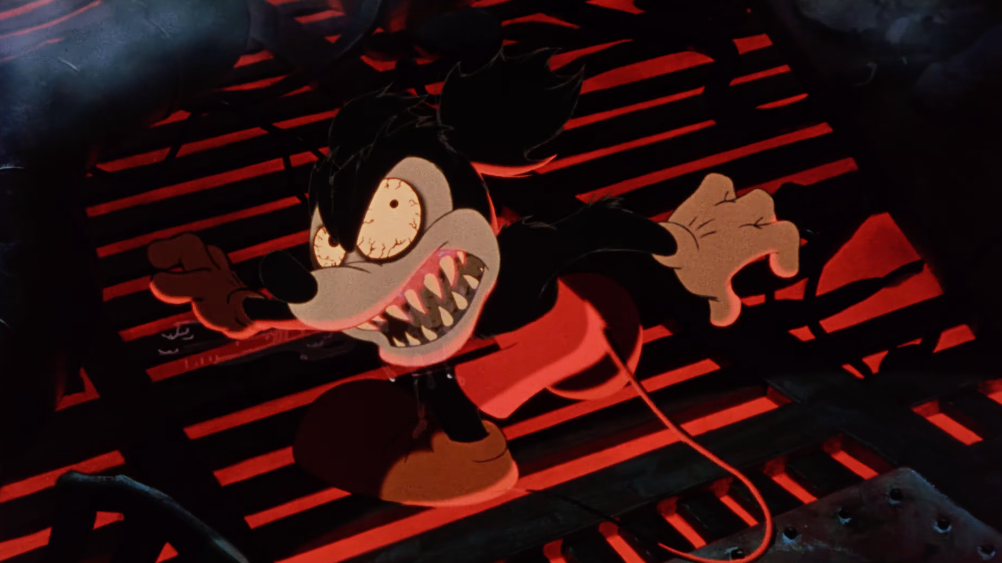 Cartoon character with sharp teeth and wild eyes grins menacingly through bars, evoking a vintage animated style