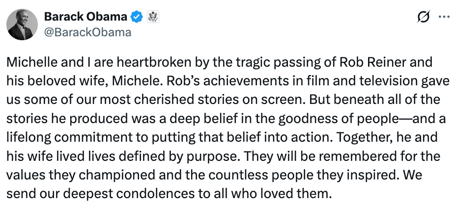 Michelle and I mourn Rob Reiner's passing, celebrating his impactful film work and human goodness. Our condolences to all who loved them