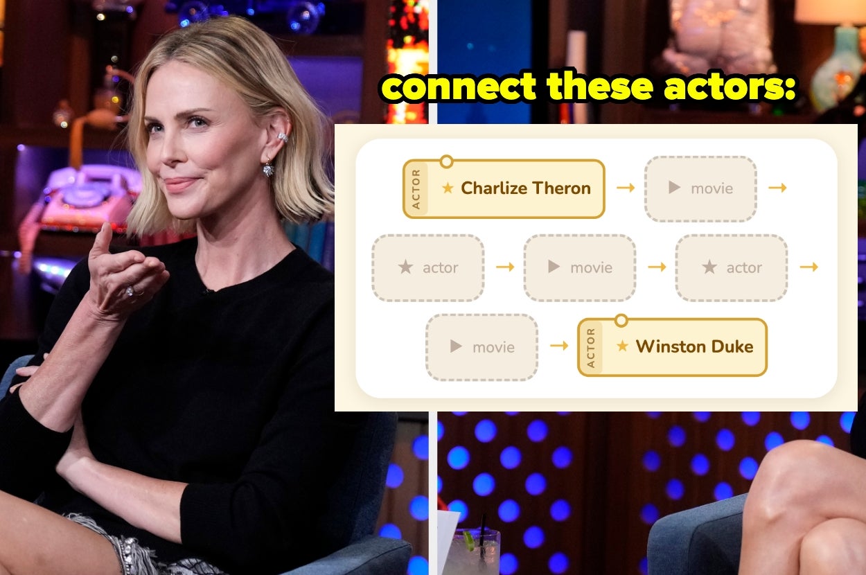 Person sitting in a TV studio. Diagram on screen shows how to connect actors Charlize Theron and Winston Duke through movies