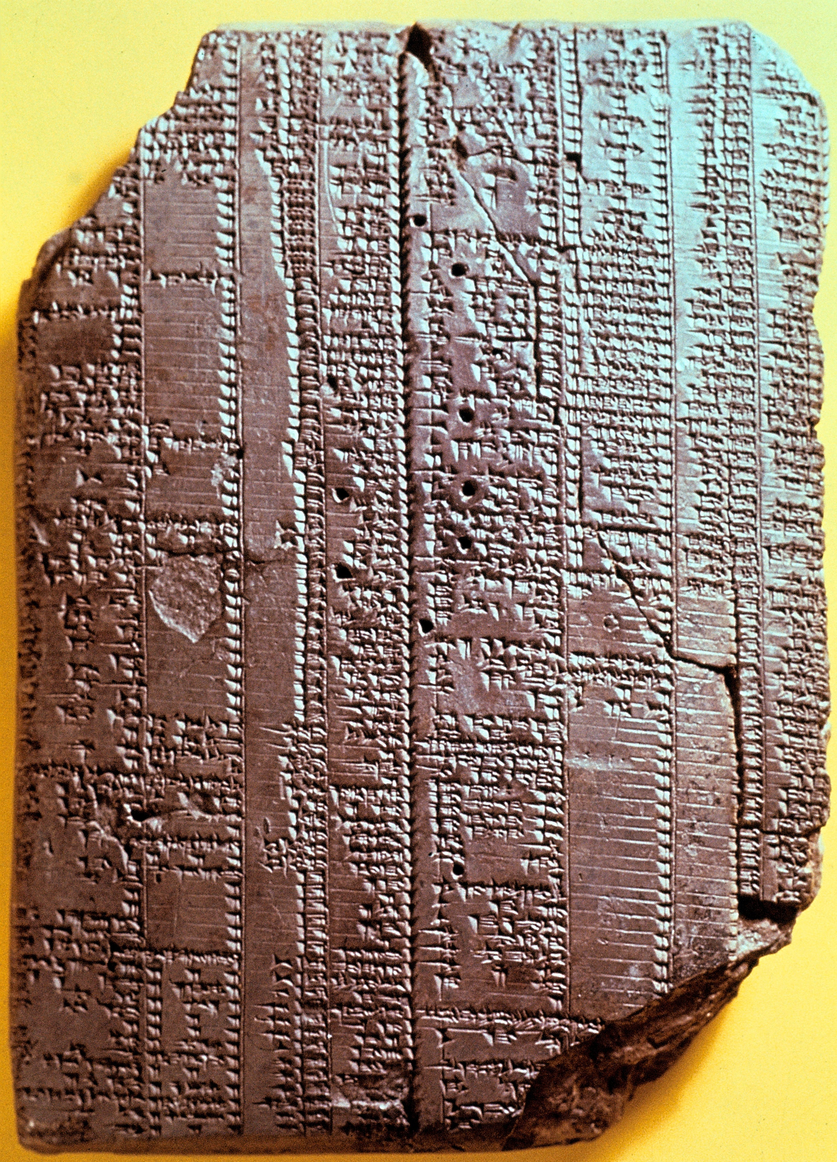 Ancient clay tablet with cuneiform script, featuring extensive rows of inscribed text from Mesopotamian era