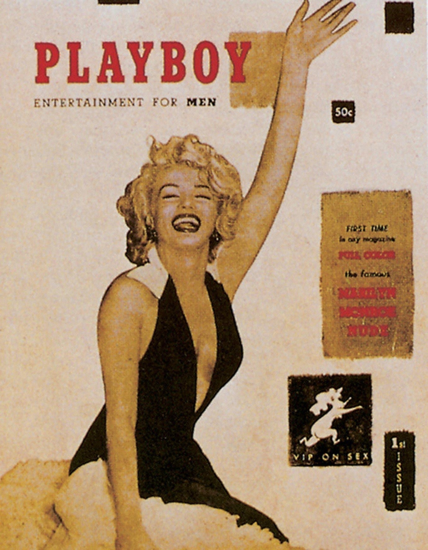 Vintage magazine cover featuring a woman in a glamorous dress, smiling and waving; "Playboy" first issue, labeled "Entertainment for Men."