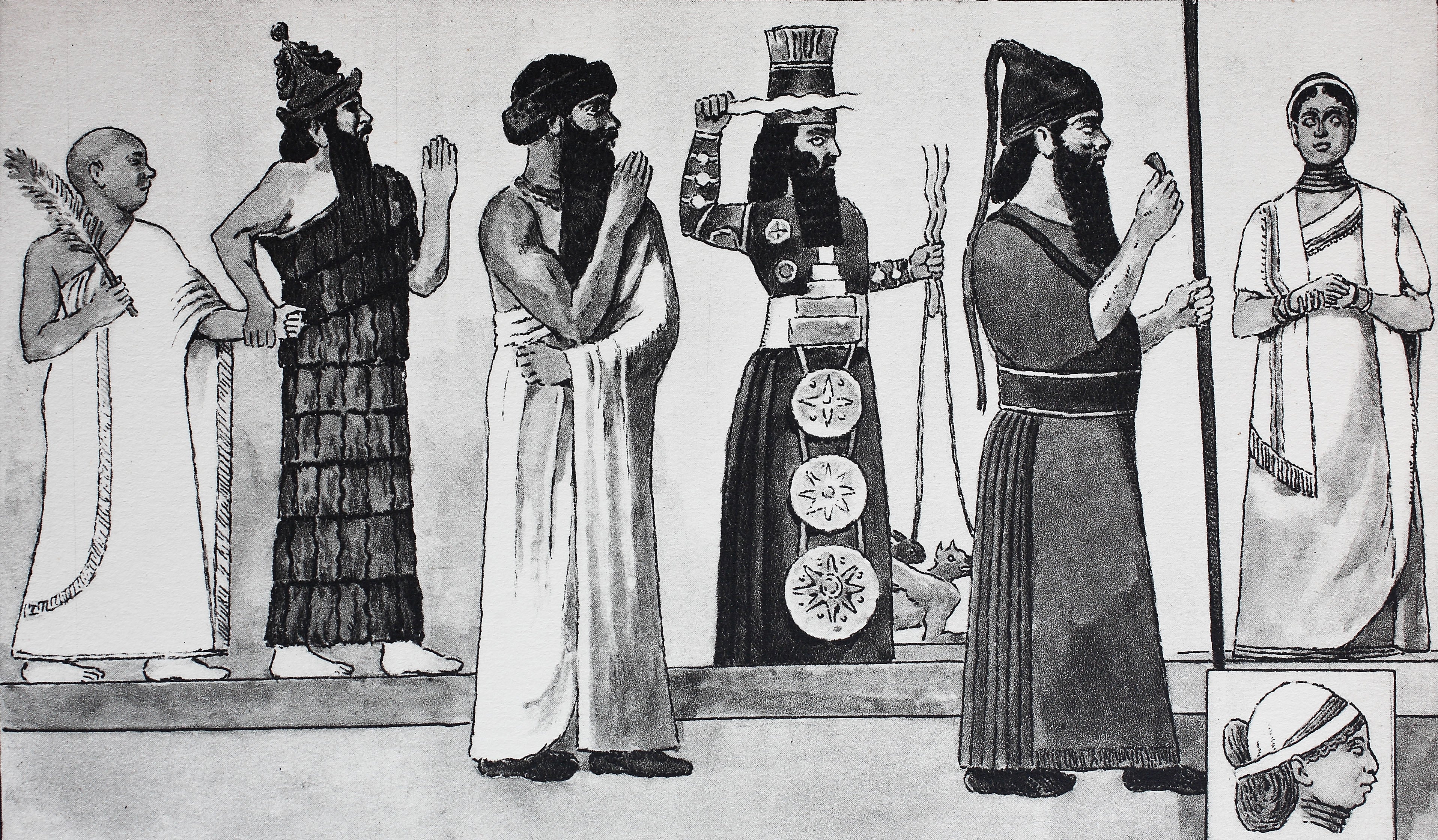 Illustration of ancient Mesopotamian figures in various ceremonial gowns, each holding distinct items and wearing detailed headdresses