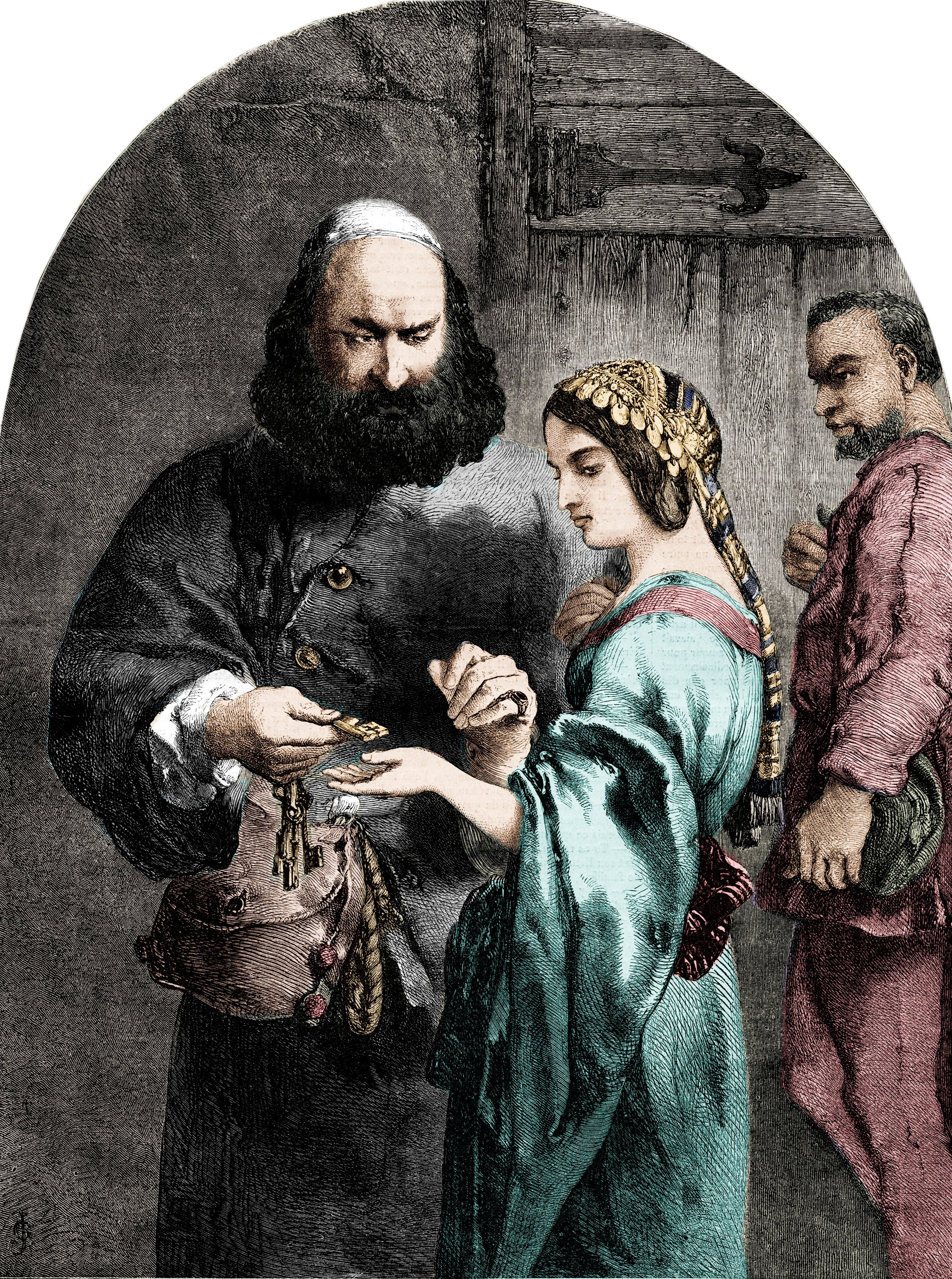 A historical scene with a bearded man in a coat examining a woman's palm, while another man observes from behind