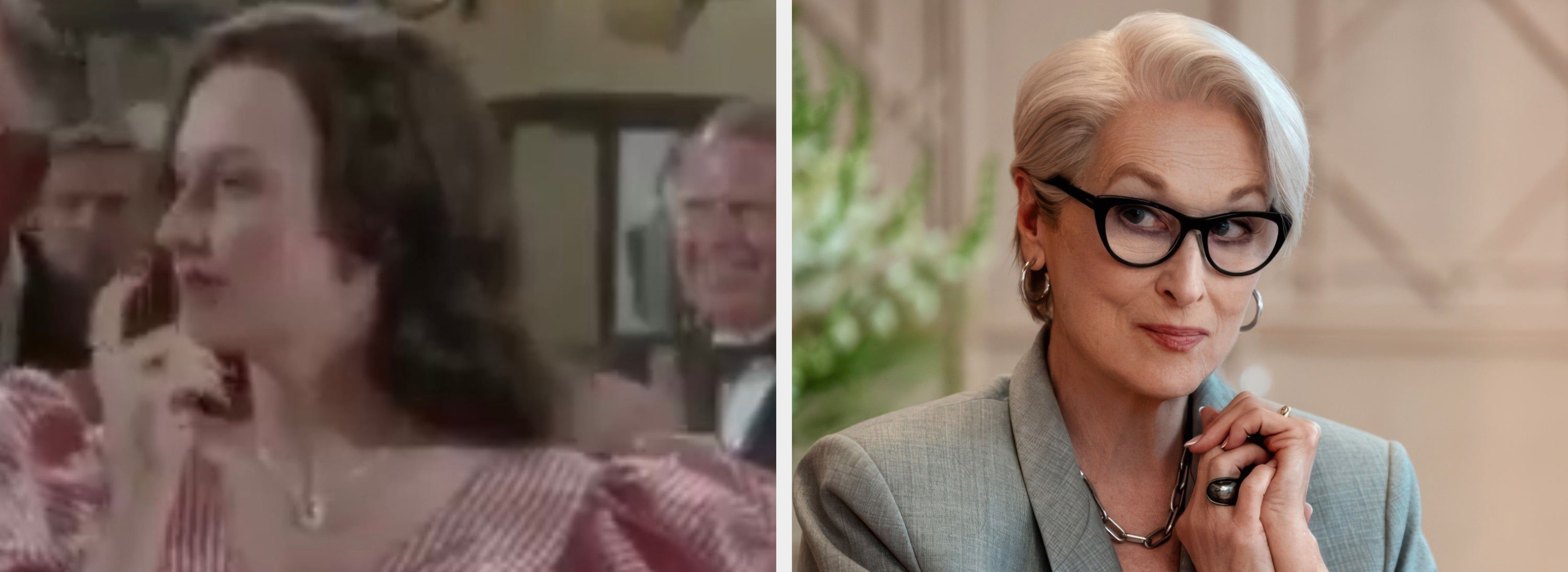 Two images: Left - Meryl Streep with long brown hair in a formal setting. Right -Maryl Streep with short blonde hair, glasses, and a blazer, looking thoughtful
