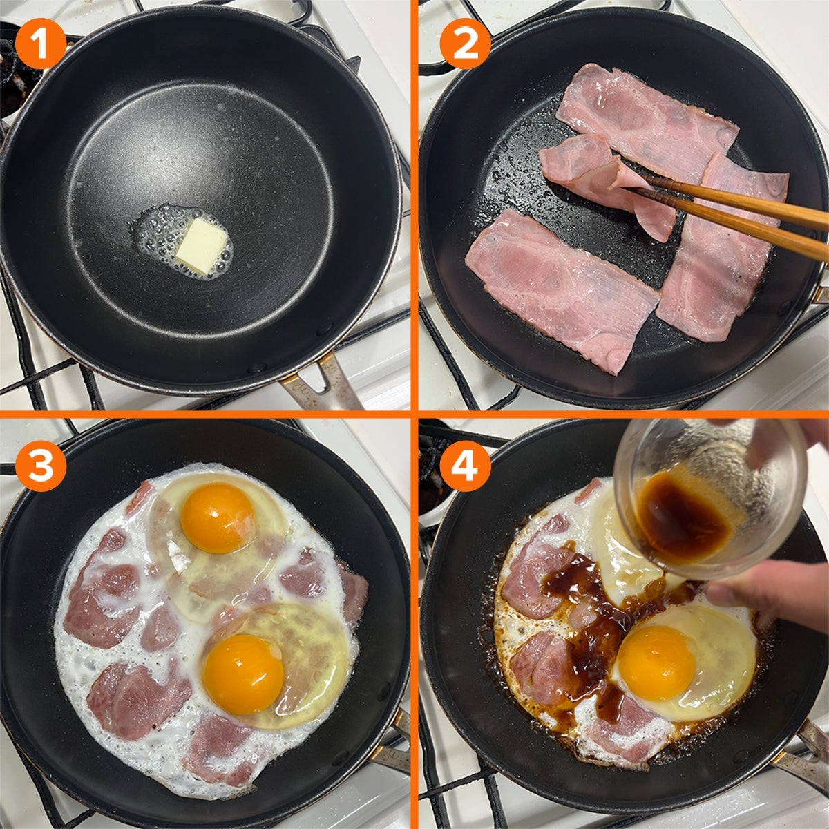 バター醤油のベーコンエッグ丼を作る調理工程。