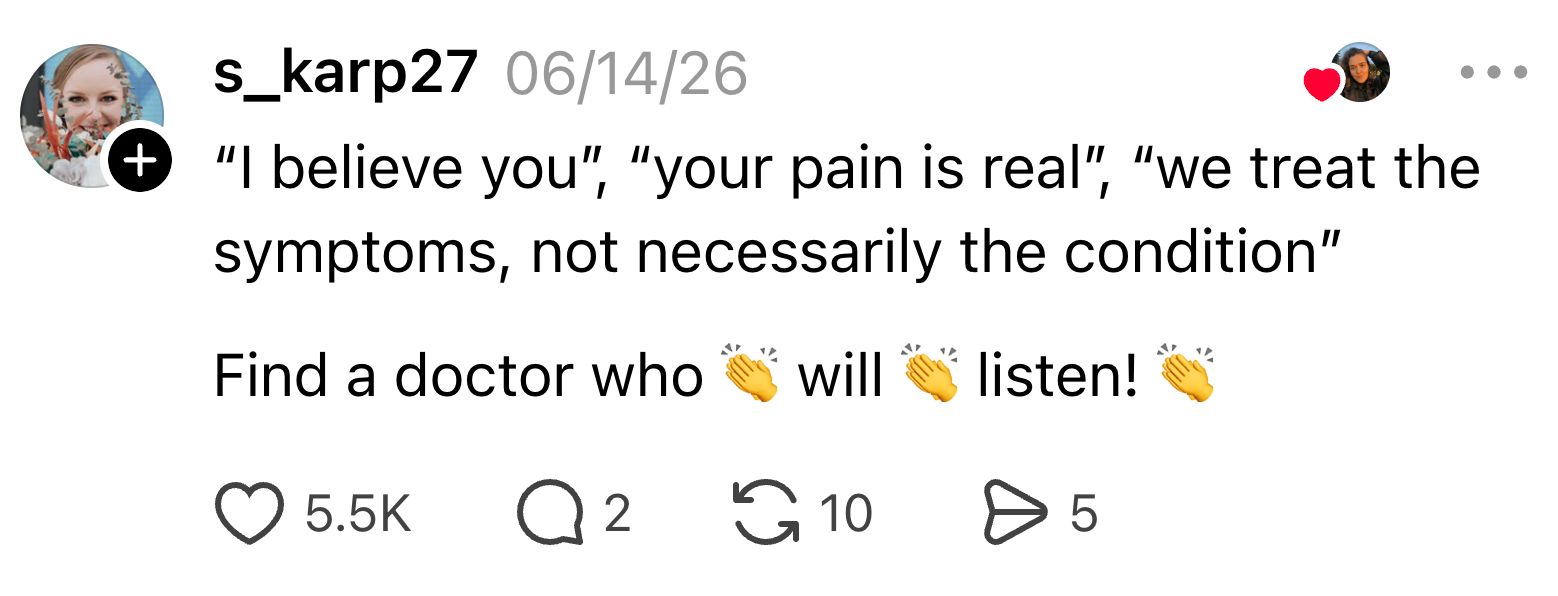 Social media station  encouraging patients to find   doctors who perceive  and validate pain