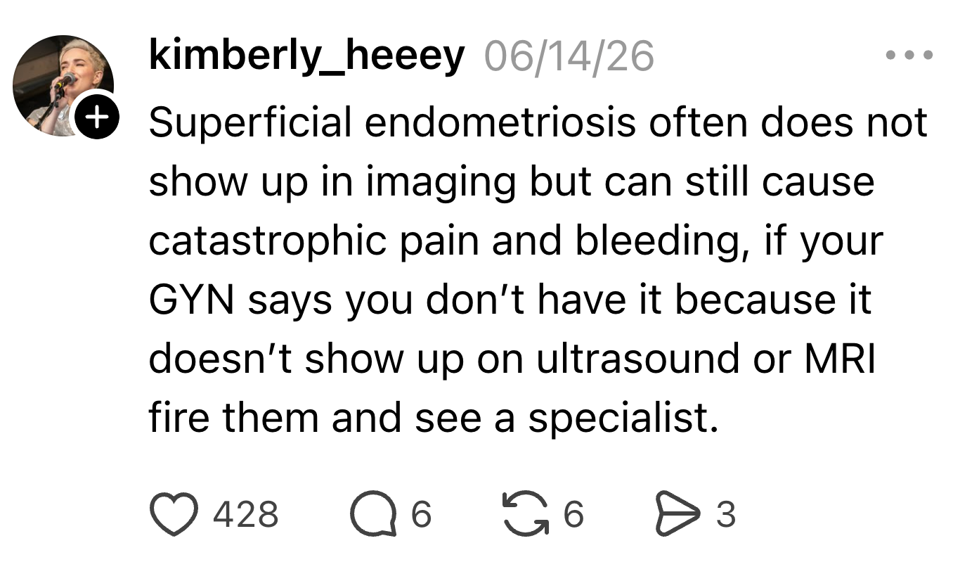 Instagram station  by kimberly_heey from June 14, 2026, discussing undetectable superficial endometriosis and advising to consult a specialist