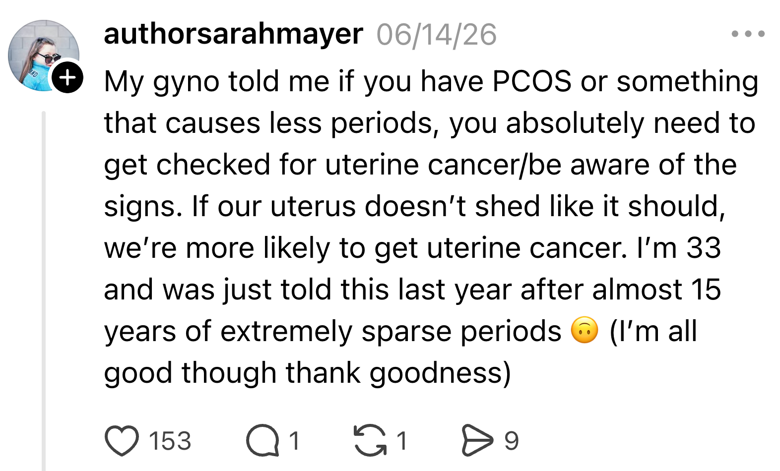  The idiosyncratic    shares that doctors urge  checking for uterine crab  if you person  PCOS and sparse periods. They stress  the value  of consciousness  and enactment      alleviation  aft  being informed