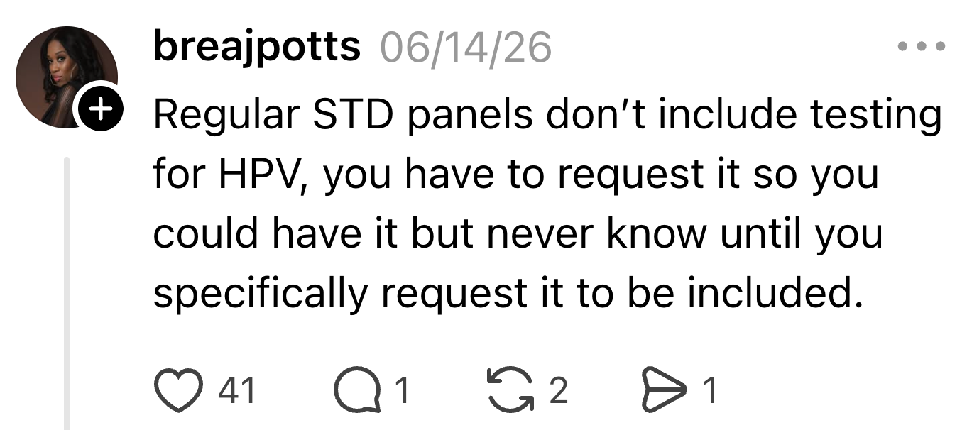 Text station  astir  HPV investigating  not being included successful  regular   STD panels unless specifically requested