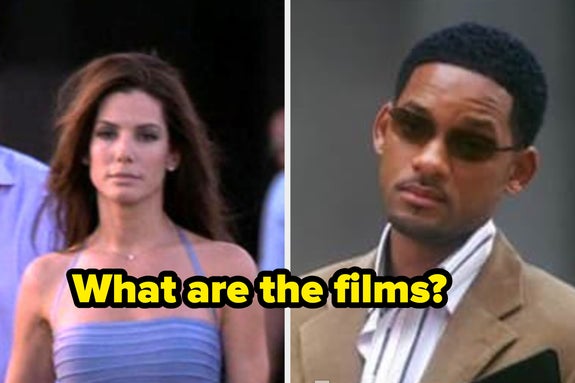 Two actors in film role scenes. Left: woman in strapless dress. Right: man in suit and sunglasses. Text asks about the films