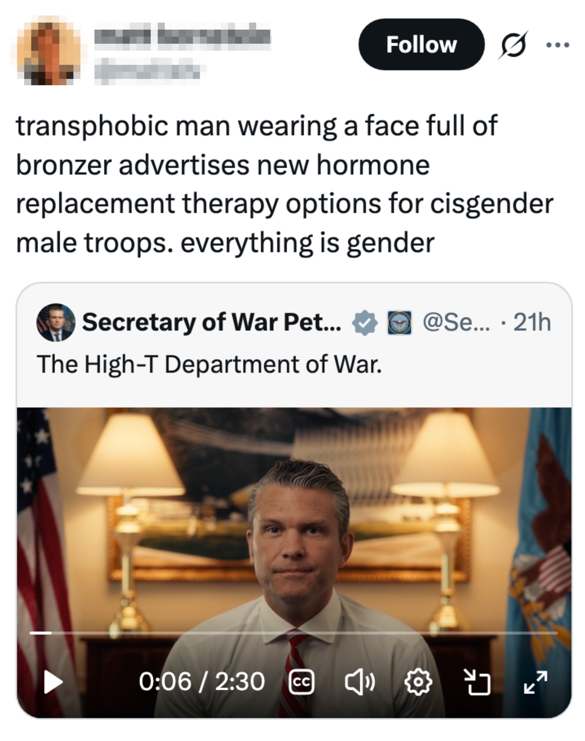 Tweet av Matt Bernstein som håner en mann i en video som diskuterer hormonbehandling for ciskjønnede menn
