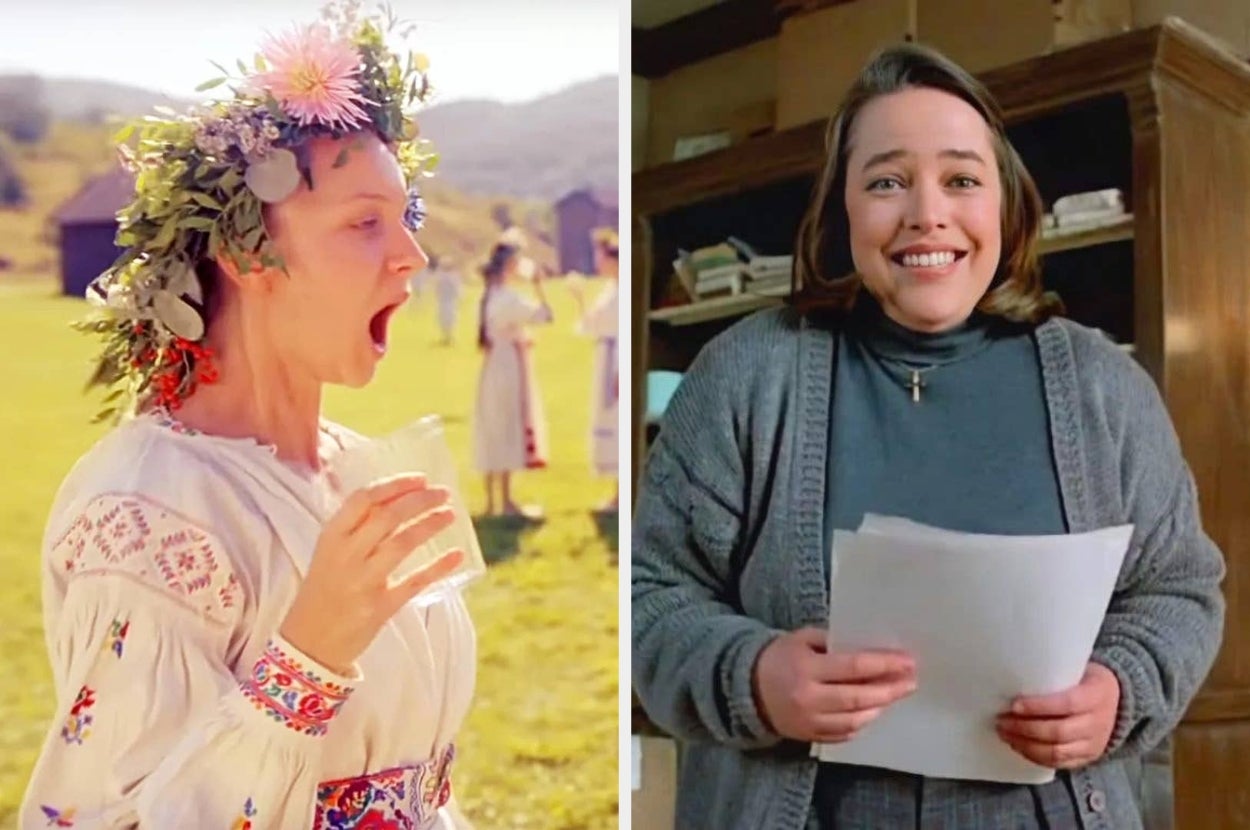 Split image: Left, person in floral headpiece and embroidered attire looking surprised outdoors. Right, person smiling indoors holding papers, wearing a turtleneck and blazer