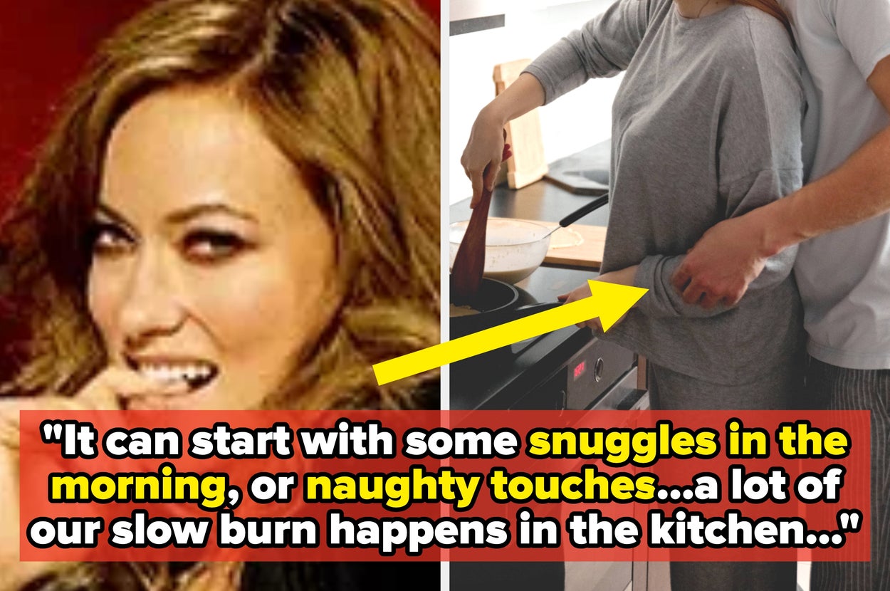 Split image: Left shows a person smiling playfully; right shows a couple cooking together. Caption discusses intimacy starting with morning affection