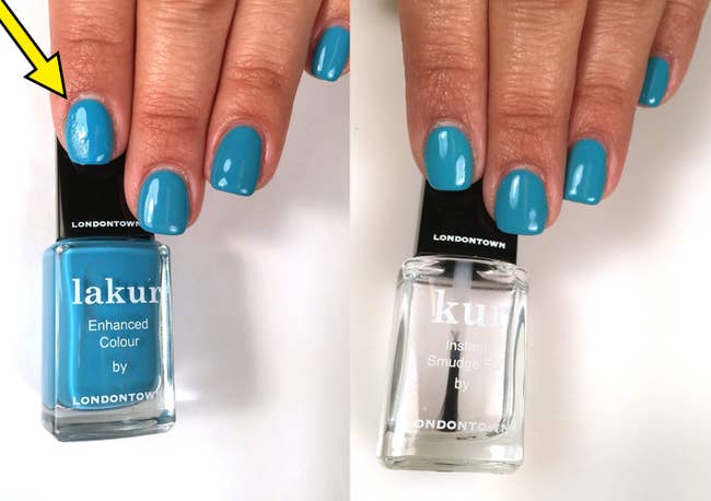 Two hands with bluish nail polish, 1 holding a vessel of bluish polish and the different a vessel of wide smudge hole apical coat