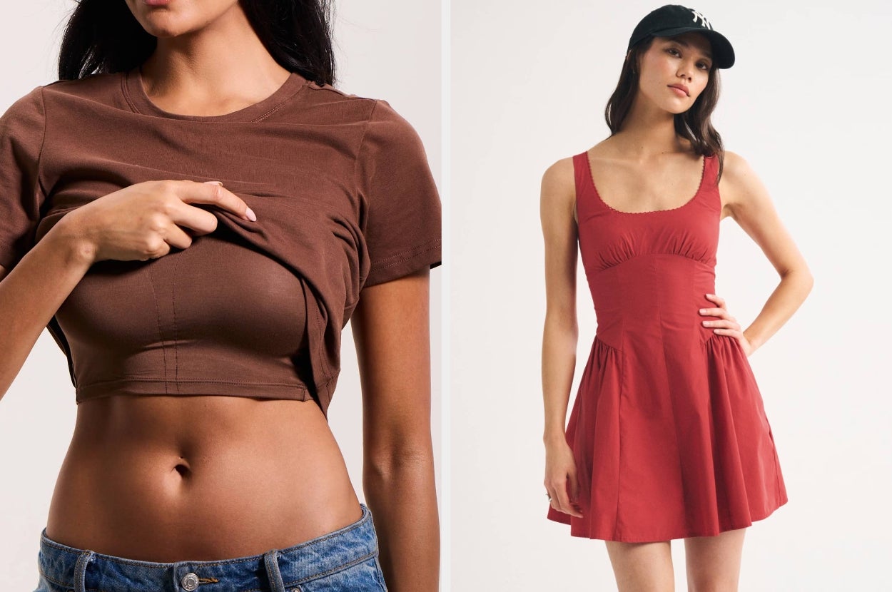 Two images of people showcasing clothing: one in a brown tee with a built-in bra, the other in a sleeveless red dress and black cap