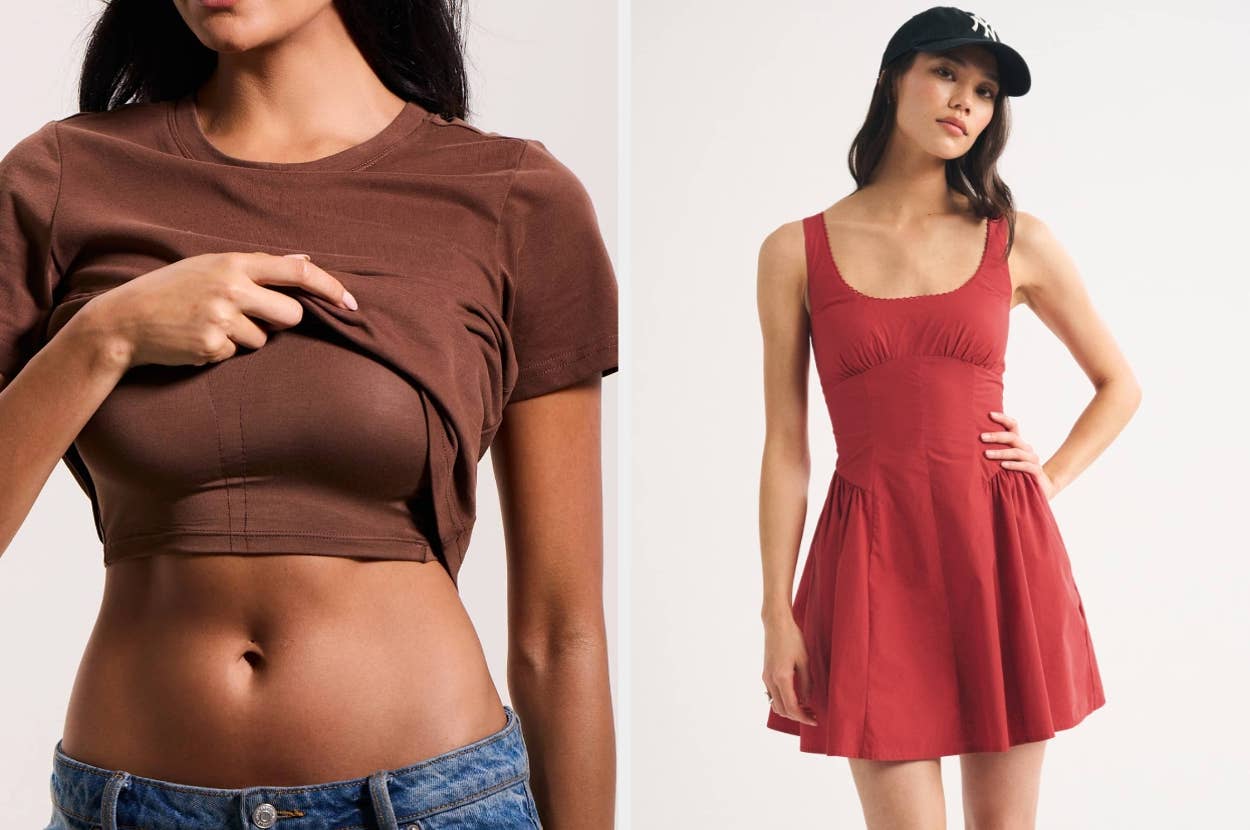 Two images of people showcasing clothing: one in a brown tee with a built-in bra, the other in a sleeveless red dress and black cap