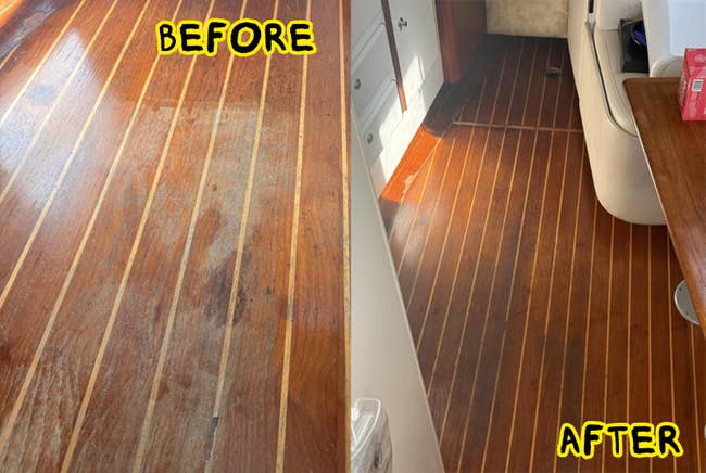 Before-and-after examination of woody level restoration, showing a dull and worn aboveground connected the near and a polished, creaseless aboveground connected the right